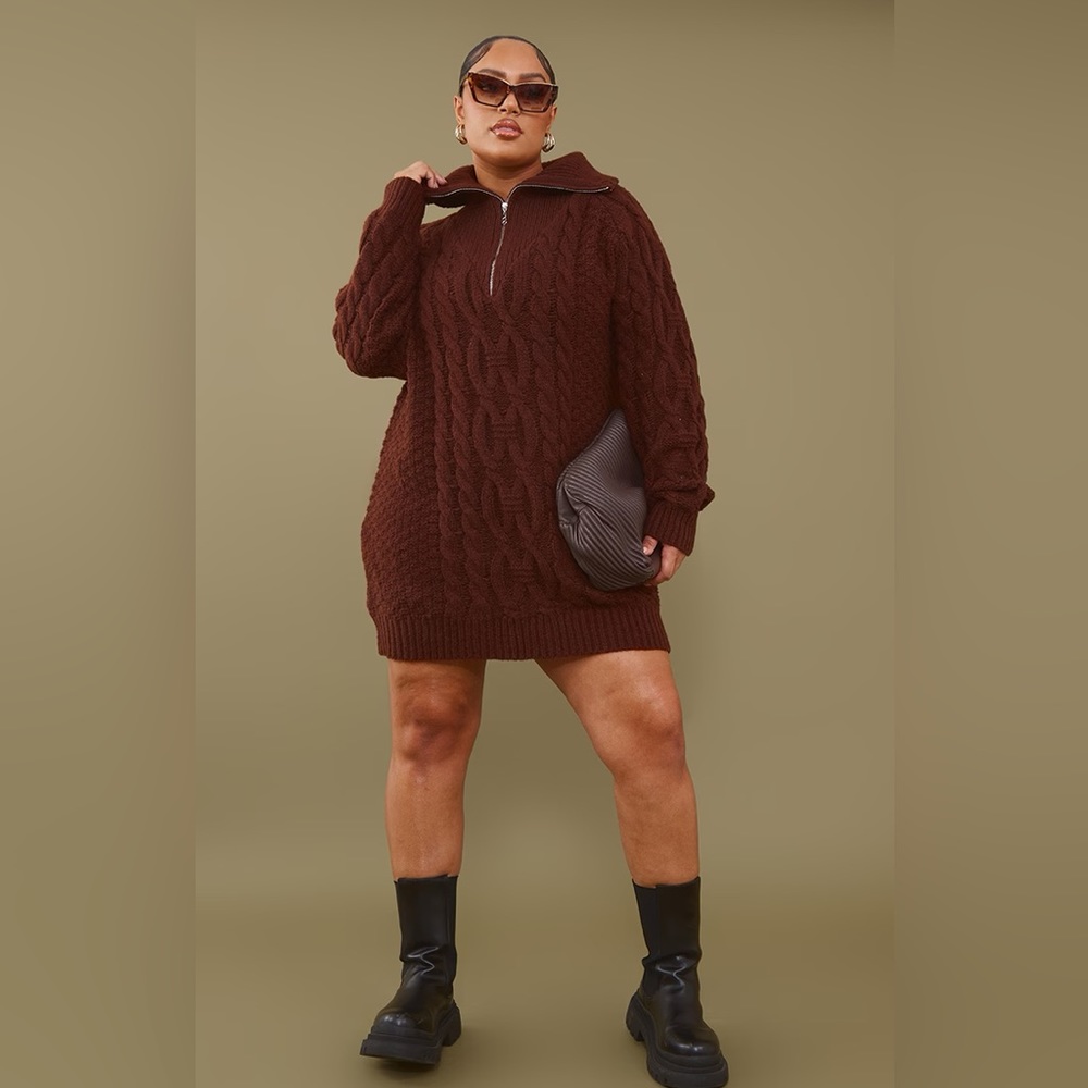 PLT Plus Chocolate Cable Knitted Zip Up Sweatshirt Dress